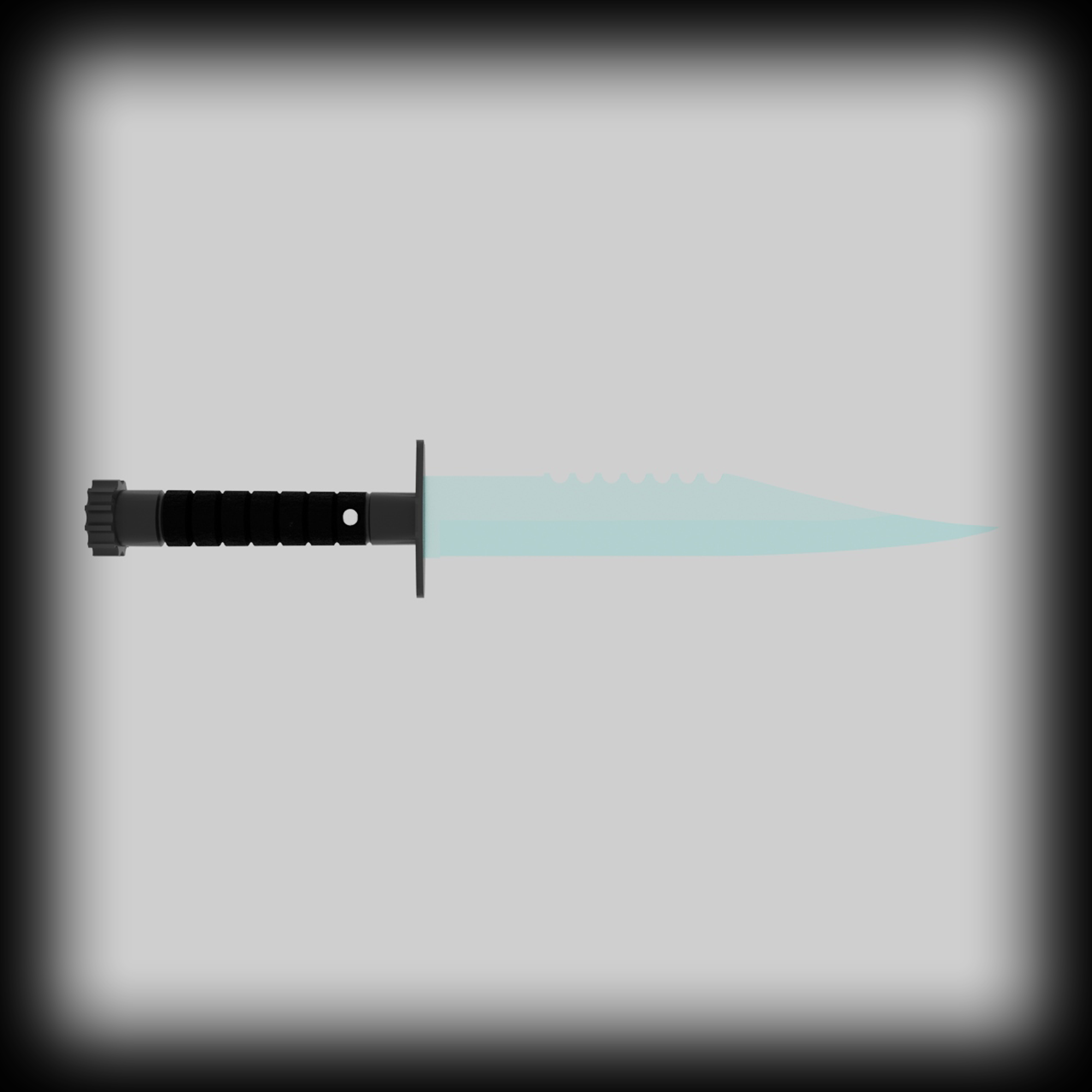 A long combat knife with a blue blade